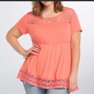 🎉 Torrid Pink with Lace Accents Baby Doll Shirt